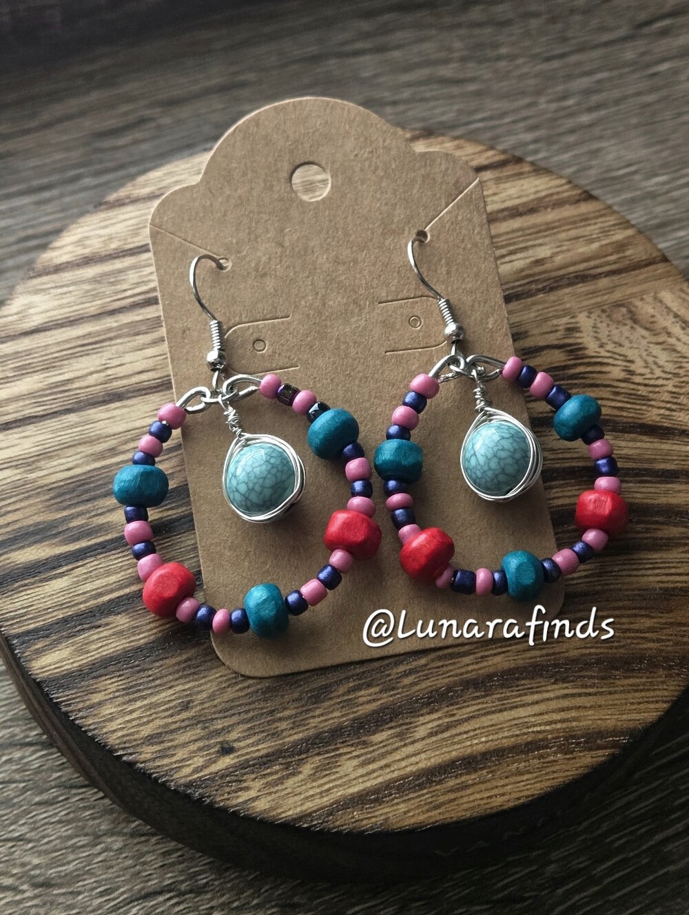 Handmade Boho Turquoise & Pink Beaded Hoop Earrings